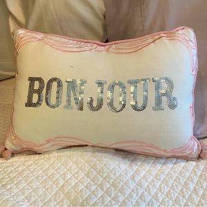 Cute and Sparkly “Bonjour” Throw Pillow